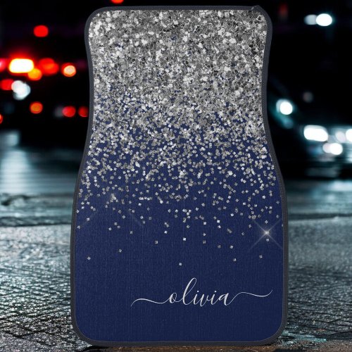 Silver Navy Blue Glitter Girly Monogram Name Car F Car Floor Mat