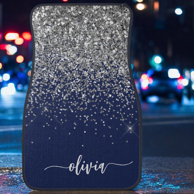 Silver Navy Blue Glitter Girly Monogram Name Car F Floor Mat (Creator Uploaded)
