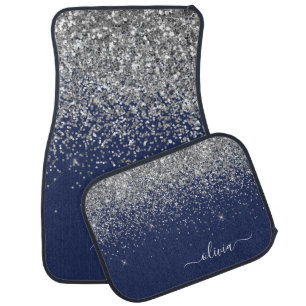 Silver Navy Blue Glitter Girly Monogram Name Car Floor Mat