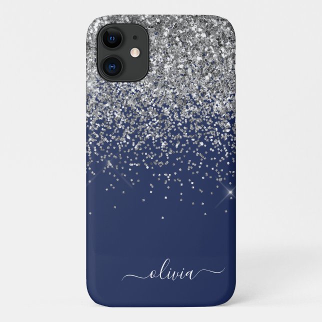 Silver Navy Blue Glitter Girly Monogram Name Case-Mate iPhone Case (Back)