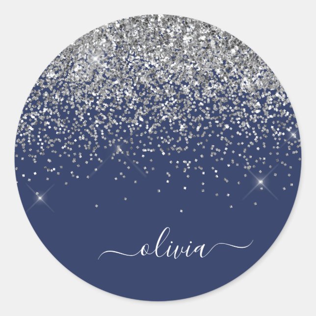 Silver Navy Blue Glitter Girly Monogram Name Classic Round Sticker (Front)