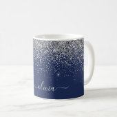 Silver Navy Blue Glitter Girly Monogram Name Coffee Mug (Front Right)