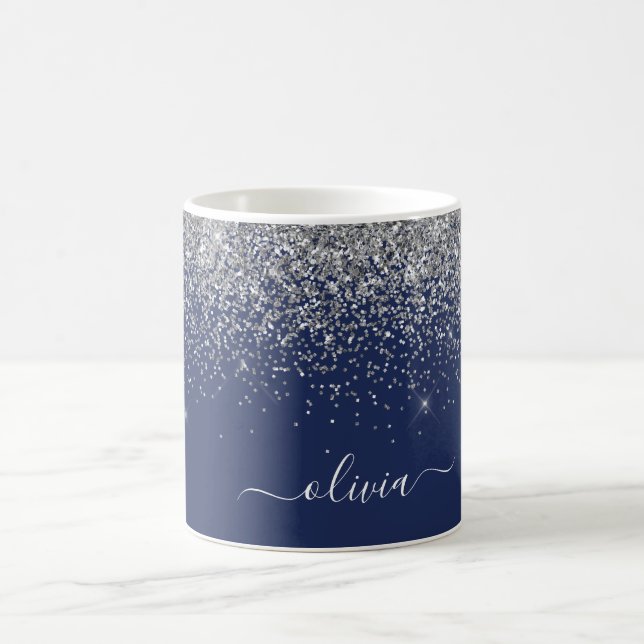 Silver Navy Blue Glitter Girly Monogram Name Coffee Mug (Center)