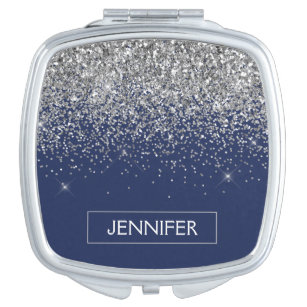 Silver Navy Blue Glitter Girly Monogram Name Compact Mirror