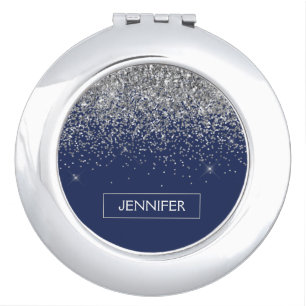 Silver Navy Blue Glitter Girly Monogram Name Compact Mirror