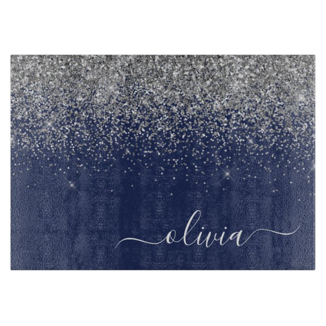 Silver Navy Blue Glitter Girly Monogram Name Cutting Board (Front)