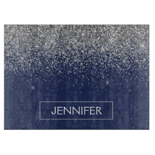 Silver Navy Blue Glitter Girly Monogram Name Cutting Board