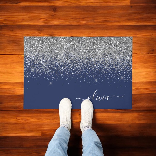Silver Navy Blue Glitter Girly Monogram Name Doormat (Creator Uploaded)