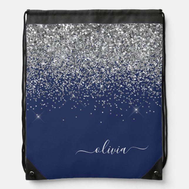 Silver Navy Blue Glitter Girly Monogram Name Drawstring Bag (Front)
