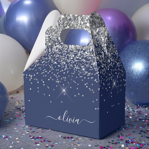 Silver Navy Blue Glitter Girly Monogram Name Favor Boxes