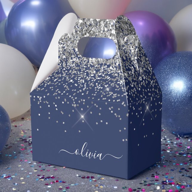 Silver Navy Blue Glitter Girly Monogram Name Favor Boxes (Creator Uploaded)