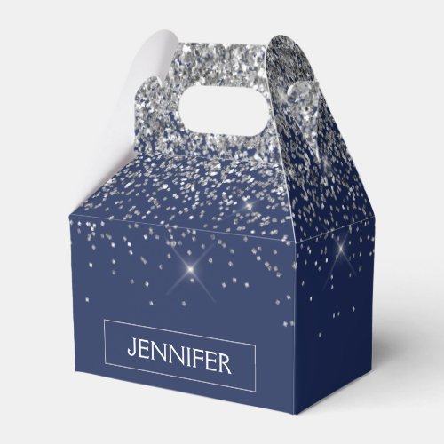 Silver Navy Blue Glitter Girly Monogram Name Favor Boxes