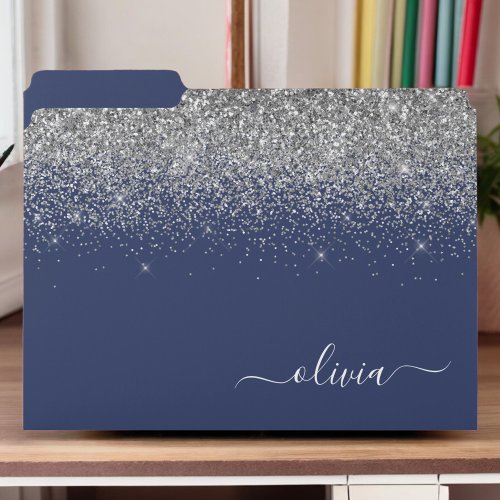 Silver Navy Blue Glitter Girly Monogram Name File Folder