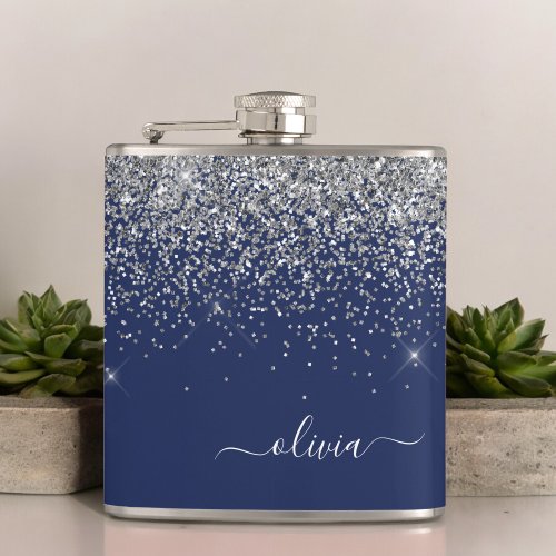 Silver Navy Blue Glitter Girly Monogram Name Flask