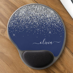 Silver Navy Blue Glitter Girly Monogram Name Gel Mouse Pad