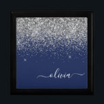 Silver Navy Blue Glitter Girly Monogram Name Gift Box<br><div class="desc">Navy Blue and Silver Sparkle Glitter script Monogram Name Jewelry Keepsake Box. This makes the perfect graduation,  birthday,  wedding,  bridal shower,  anniversary,  baby shower or bachelorette party gift for someone that loves glam luxury and chic styles.</div>