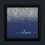 Silver Navy Blue Glitter Girly Monogram Name Gift Box<br><div class="desc">Navy Blue and Silver Sparkle Glitter script Monogram Name Jewelry Keepsake Box. This makes the perfect graduation,  birthday,  wedding,  bridal shower,  anniversary,  baby shower or bachelorette party gift for someone that loves glam luxury and chic styles.</div>