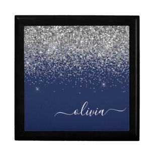Silver Navy Blue Glitter Girly Monogram Name Gift Box