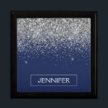 Silver Navy Blue Glitter Girly Monogram Name Gift Box<br><div class="desc">Navy Blue and Silver Sparkle Glitter Monogram Name Jewelry Keepsake Box. This makes the perfect graduation,  birthday,  wedding,  bridal shower,  anniversary,  baby shower or bachelorette party gift for someone that loves glam luxury and chic styles.</div>