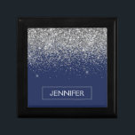 Silver Navy Blue Glitter Girly Monogram Name Gift Box<br><div class="desc">Navy Blue and Silver Sparkle Glitter Monogram Name Jewelry Keepsake Box. This makes the perfect graduation,  birthday,  wedding,  bridal shower,  anniversary,  baby shower or bachelorette party gift for someone that loves glam luxury and chic styles.</div>
