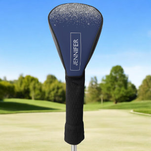 Silver Navy Blue Glitter Girly Monogram Name Golf Head Cover