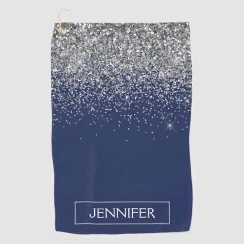 Silver Navy Blue Glitter Girly Monogram Name Golf Towel