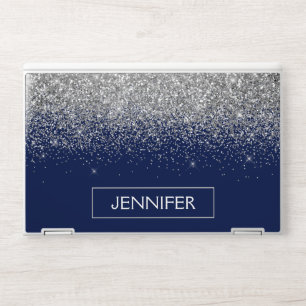 Silver Navy Blue Glitter Girly Monogram Name HP Laptop Skin