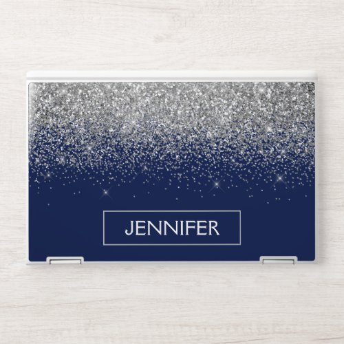 Silver Navy Blue Glitter Girly Monogram Name HP Laptop Skin