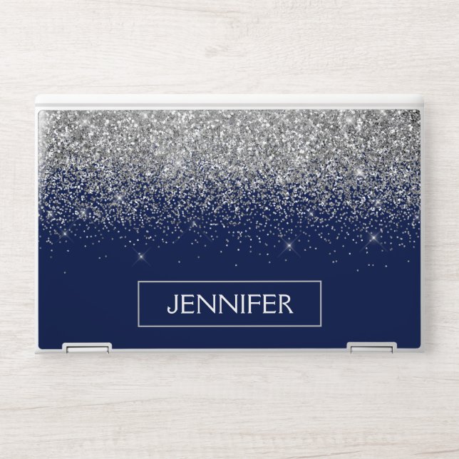 Silver Navy Blue Glitter Girly Monogram Name HP Laptop Skin (Front)