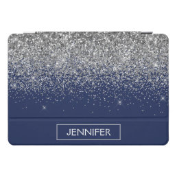 Silver Navy Blue Glitter Girly Monogram Name iPad Pro Cover