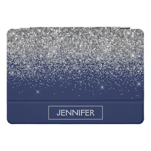 Silver Navy Blue Glitter Girly Monogram Name iPad Pro Cover