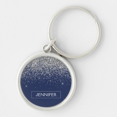 Silver Navy Blue Glitter Girly Monogram Name Keychain