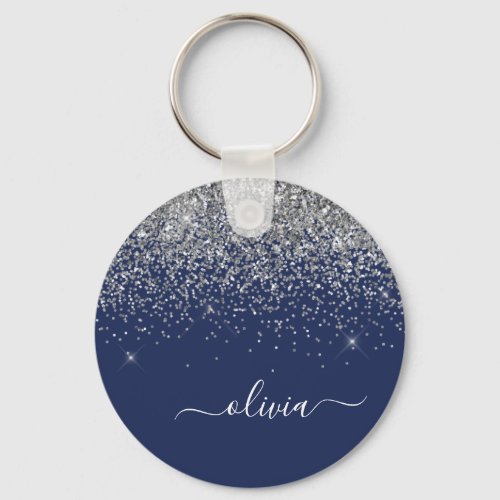 Silver Navy Blue Glitter Girly Monogram Name Keychain