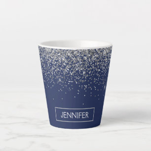 Silver Navy Blue Glitter Girly Monogram Name Latte Mug