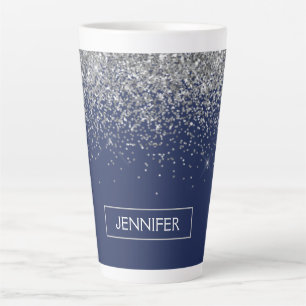 Silver Navy Blue Glitter Girly Monogram Name Latte Mug