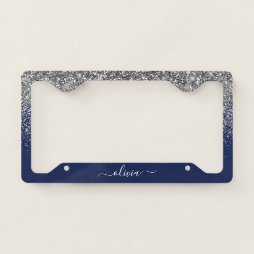 Silver Navy Blue Glitter Girly Monogram Name License Plate Frame