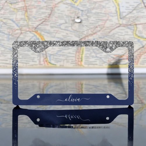 Silver Navy Blue Glitter Girly Monogram Name License Plate Frame