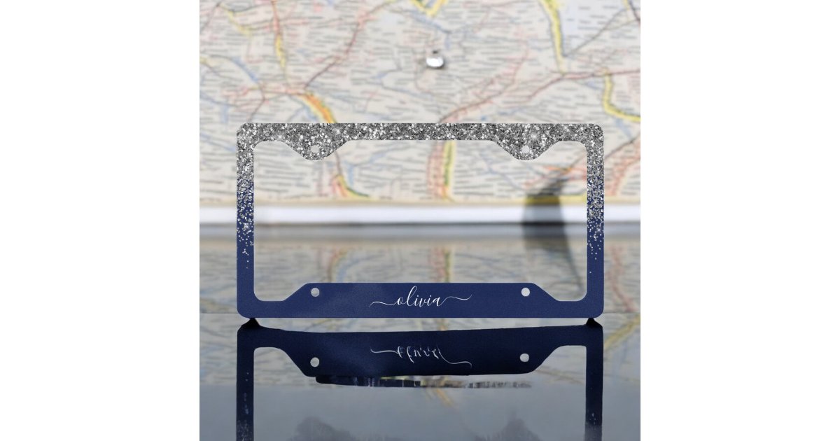 Silver Navy Blue Glitter Girly Monogram Name License Plate Frame | Zazzle