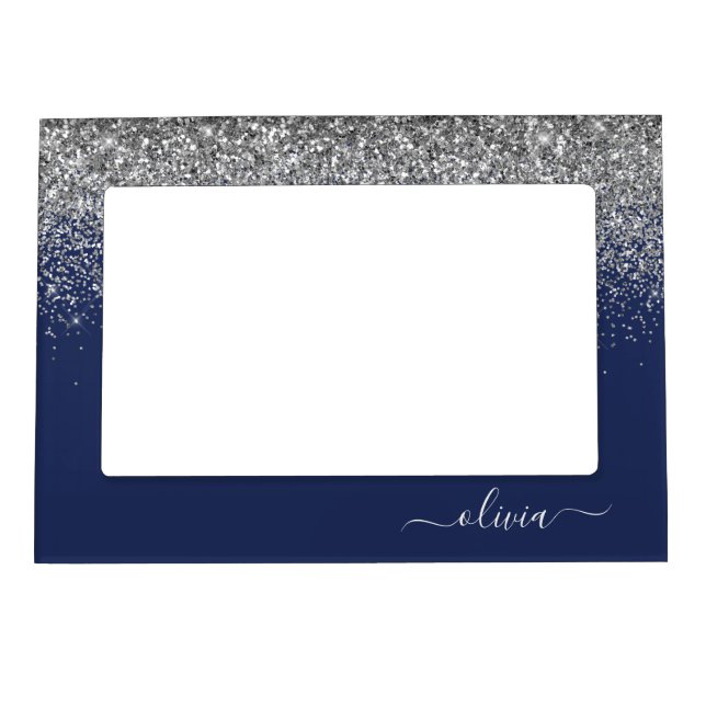 Silver Navy Blue Glitter Girly Monogram Name Magnetic Frame (Front)