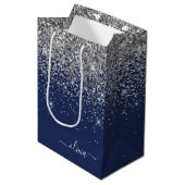 Silver Navy Blue Glitter Girly Monogram Name Medium Gift Bag (Front Angled)