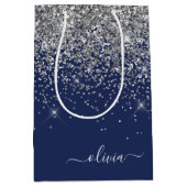 Silver Navy Blue Glitter Girly Monogram Name Medium Gift Bag (Front)