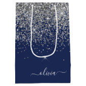 Silver Navy Blue Glitter Girly Monogram Name Medium Gift Bag (Back)