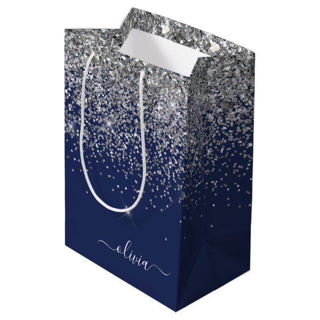 Silver Navy Blue Glitter Girly Monogram Name Medium Gift Bag (Back Angled)