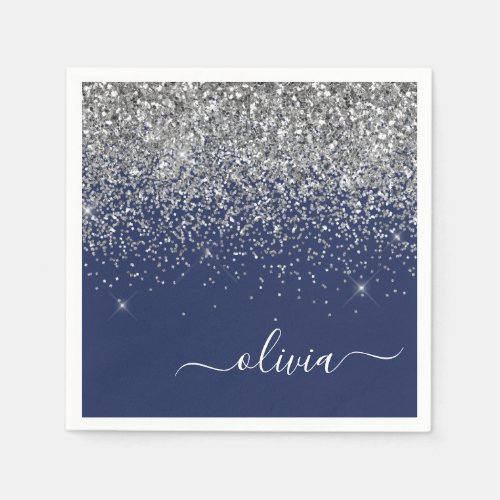 Silver Navy Blue Glitter Girly Monogram Name Napkins