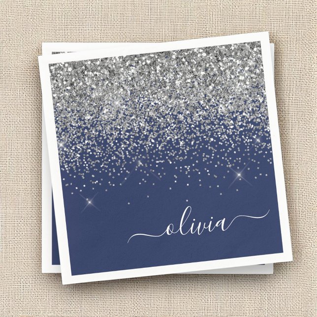Silver Navy Blue Glitter Girly Monogram Name Napkins (Creator Uploaded)