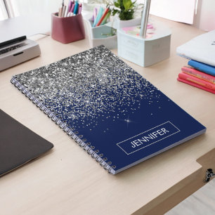 Silver Navy Blue Glitter Girly Monogram Name Notebook
