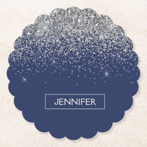 Silver Navy Blue Glitter Girly Monogram Name Paper Coaster