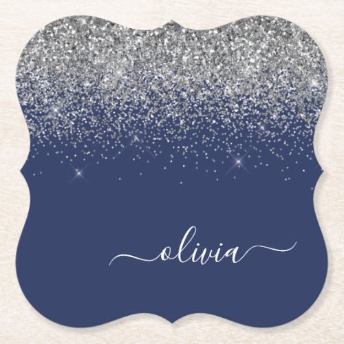 Silver Navy Blue Glitter Girly Monogram Name Paper Coaster