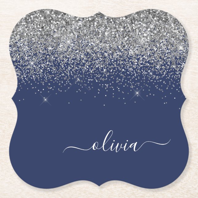 Silver Navy Blue Glitter Girly Monogram Name Paper Coaster (Front)