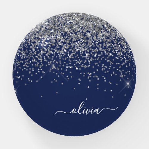 Silver Navy Blue Glitter Girly Monogram Name Paperweight